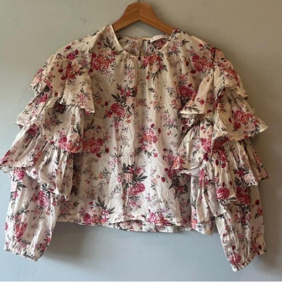 NWT Karlie Ivory Floral Ruffle Sleeve Blouse. Size Small - Picture 5 of 6